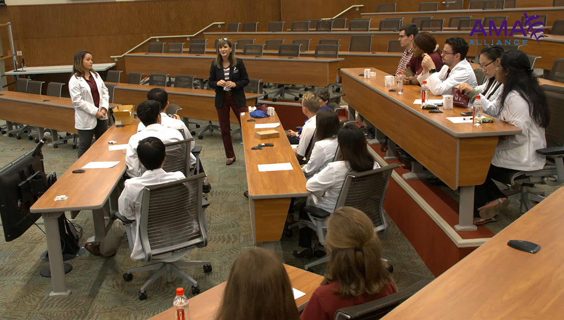 An Opioid Task Force meeting with a professor addressing students