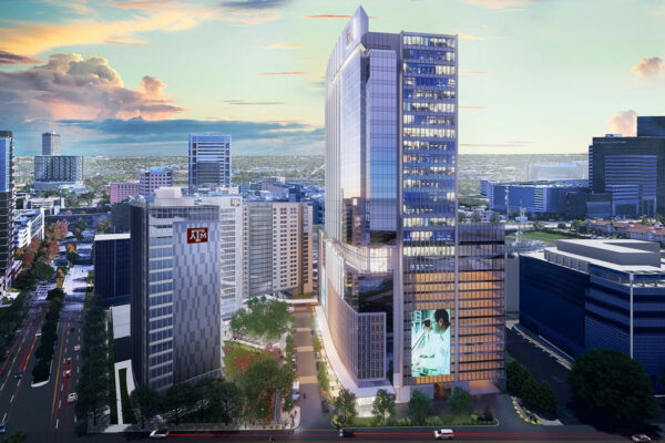 Aerial Rendering Of Texas A&M Innovation Plaza. The View Is Looking Eastward Across Main Street And Shows Holcombe Boulevard (far Left), The EnMed Building (left), Student Housing Tower (middle), Parking Garage + Retail + Biomedical Tower (right) And The Campus’ Central Open-air Green Space.