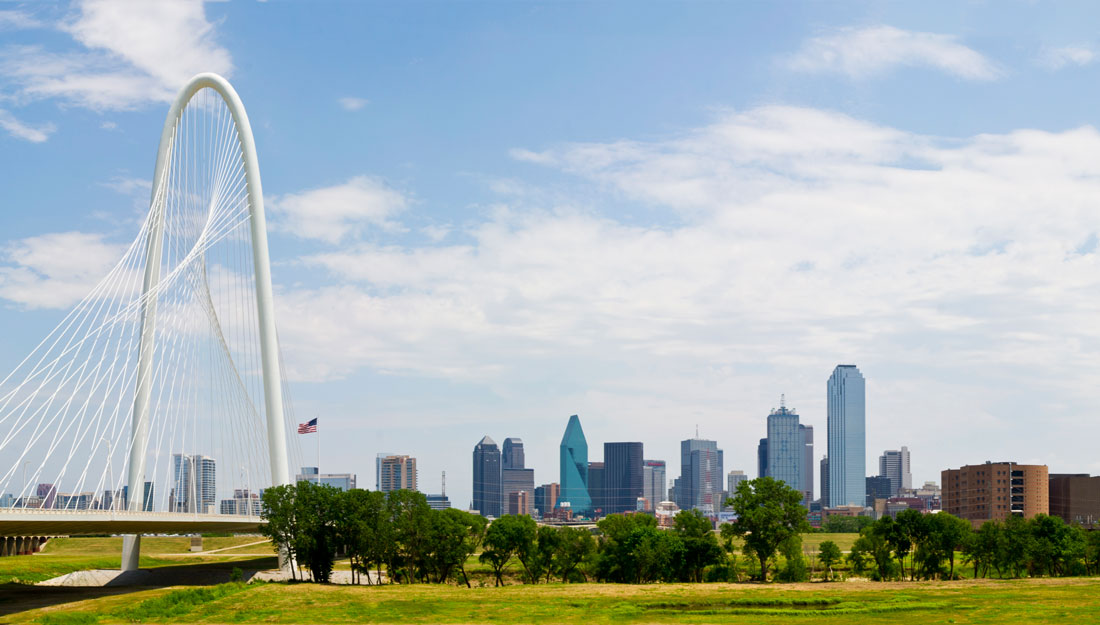 view of Margaret Hunt Hill Bridge leading to metropolitan Dallas, Texas