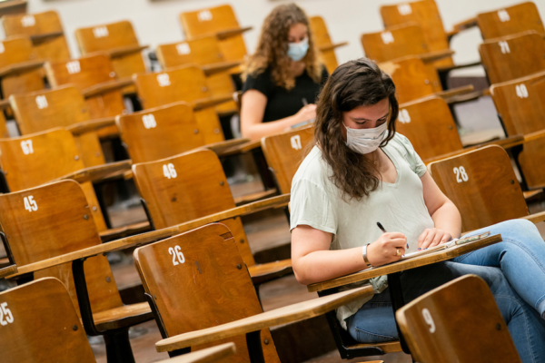 Students Wearing Masks Sit In A Lecture Hall