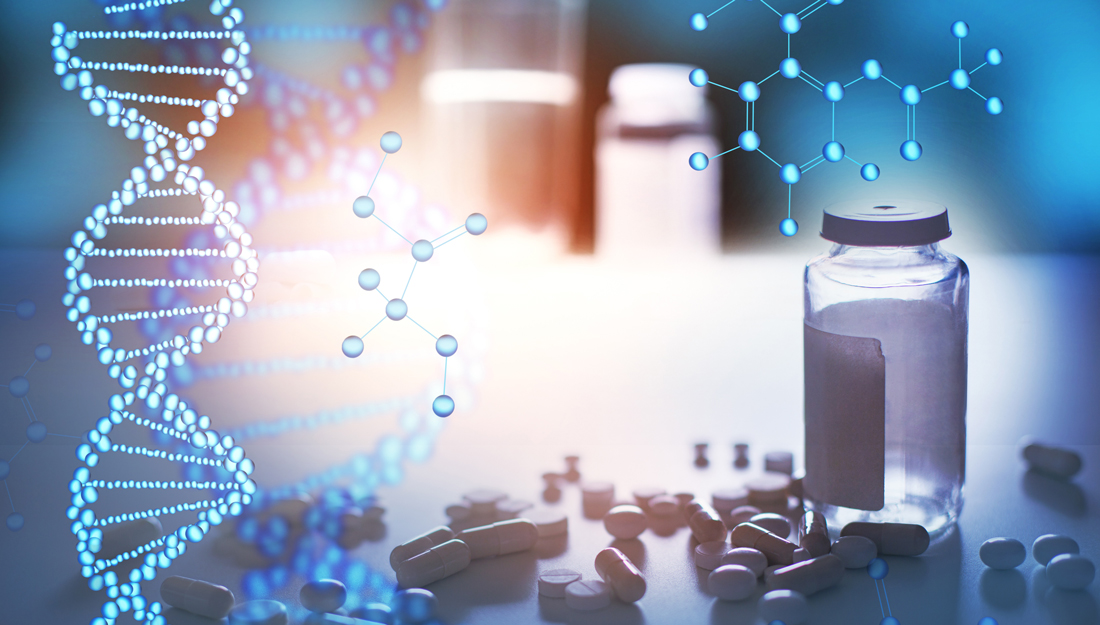 rendering of DNA strands, molecular structures and medications