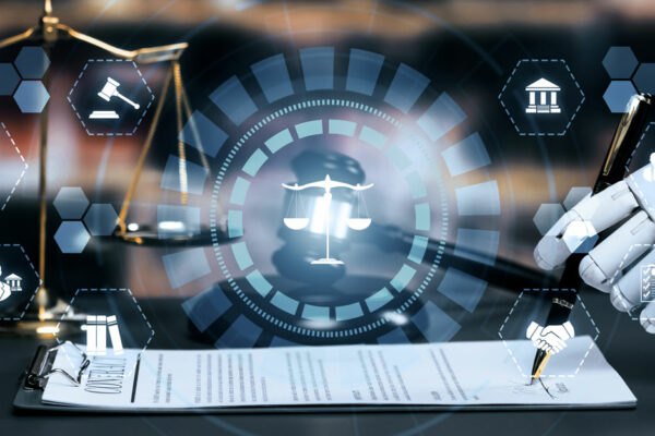 AI Related Law Concept Shown By Robot Hand Using Lawyer Working Tools In Lawyers Office With Legal Astute Icons Depicting Artificial Intelligence Law And Online Technology Of Legal Law Regulations