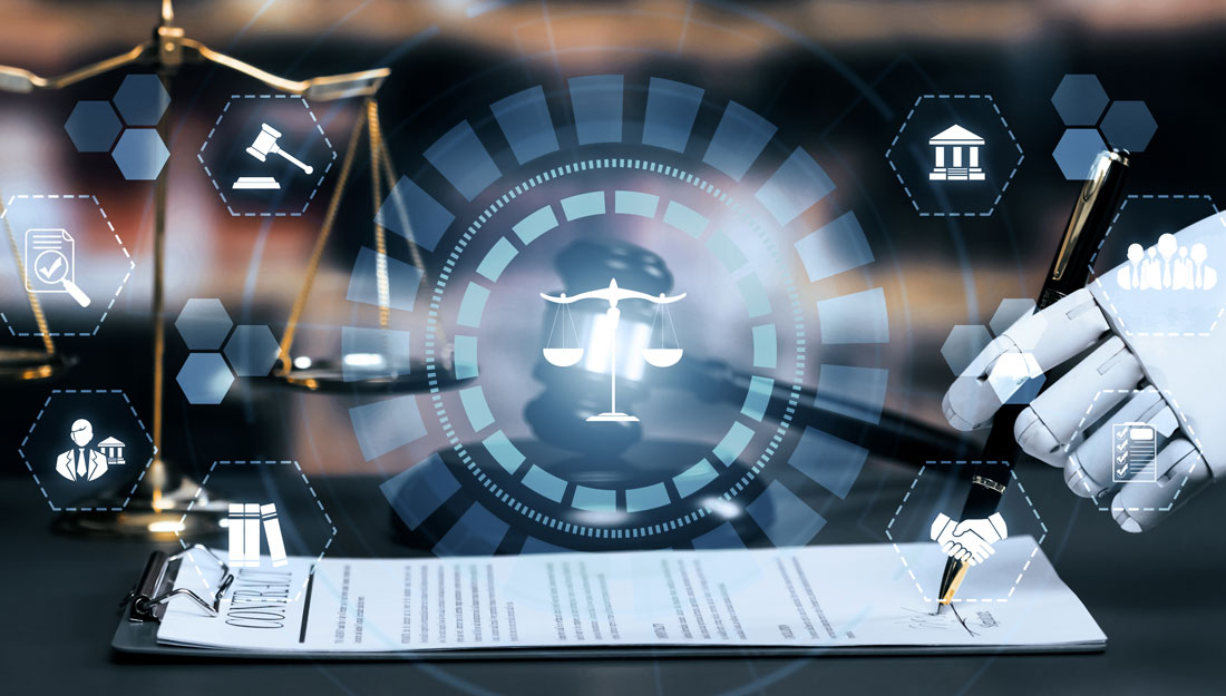 AI related law concept shown by robot hand using lawyer working tools in lawyers office with legal astute icons depicting artificial intelligence law and online technology of legal law regulations