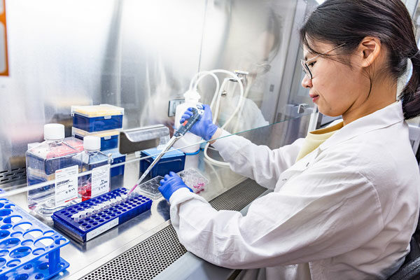 Yuanjiu Abby Lei pipettes samples inside The West Lab