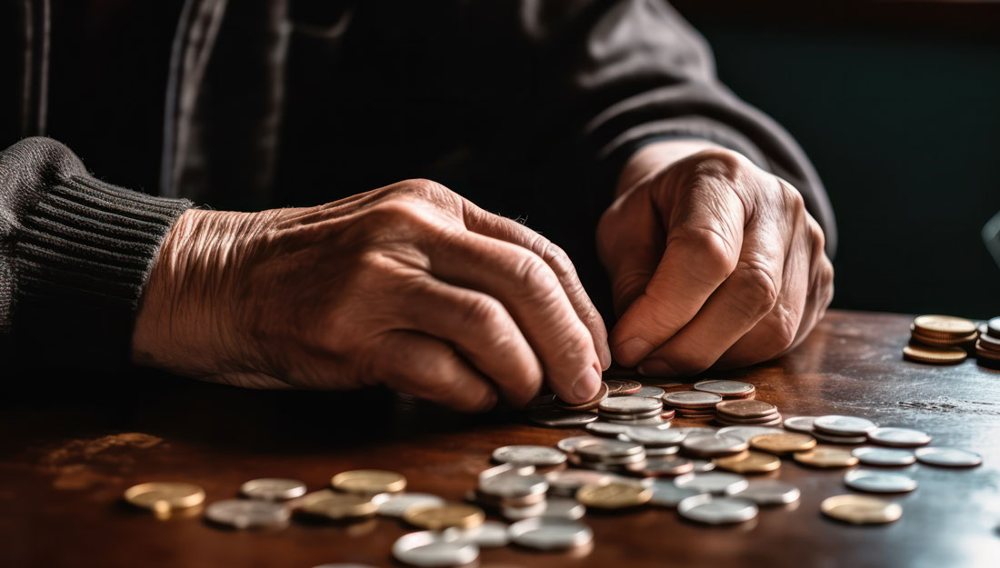 senior man counting coins