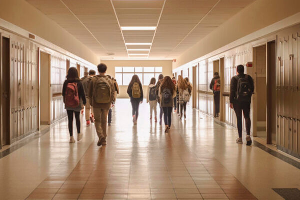 Hallway Of A High School With Male And Female Students Walking.