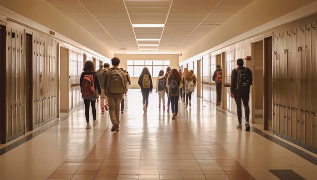 Hallway of a high school with male and female students walking.