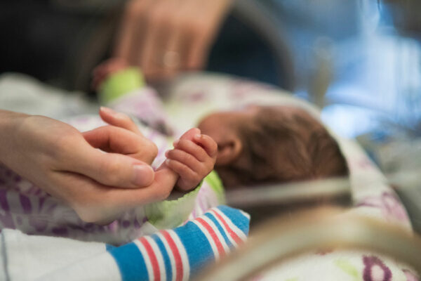 Tiny Baby Hand Holds An Adult Woman's Finger