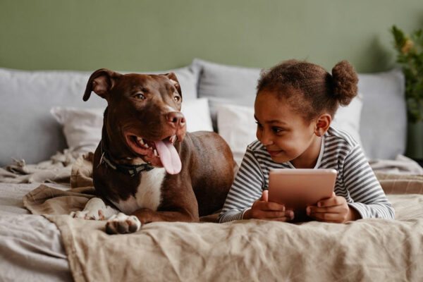 Girl Lying On Bed With Big Pet Dog