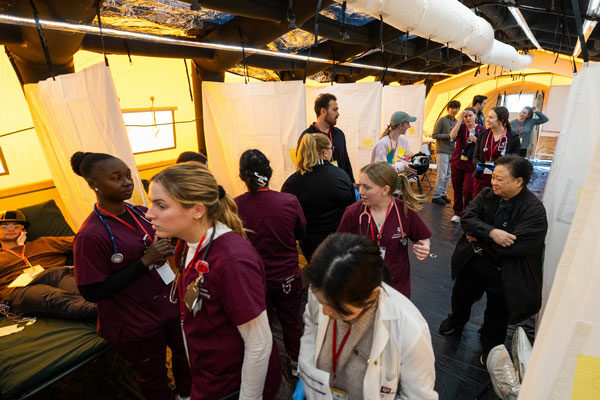 many students work together inside a field hospital