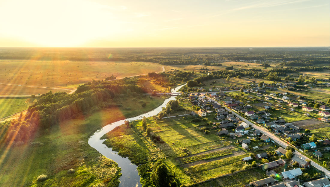 aerial view over a rural town - rural healthy people