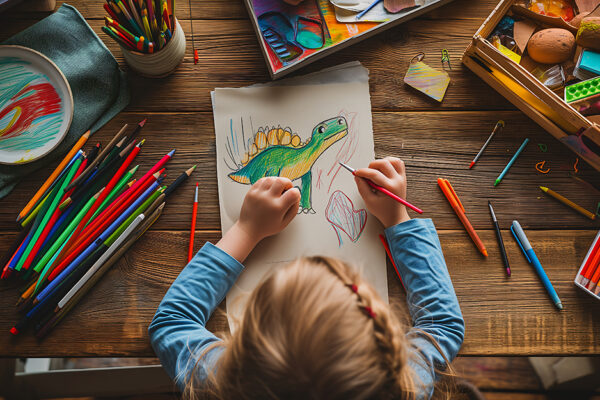 Child Coloring A Picture Of A Dinosaur