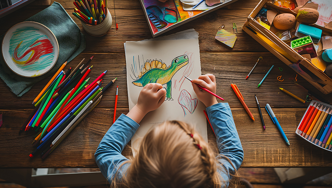 Child coloring a picture of a dinosaur