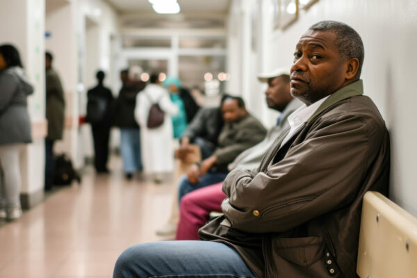 Diverse Group Of People Waiting In Hospital Reception Lobby To Attend Medical Appointment With General Practitioner. Patients In Waiting Room Lobby Sitting At Healthcare Clinic. Hospital Queue