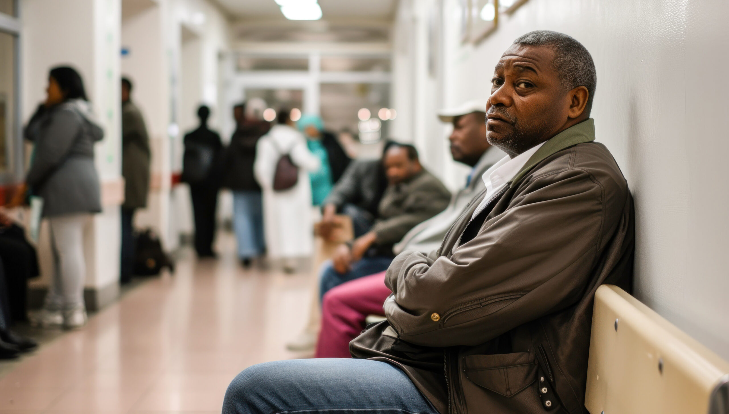 Diverse group of people waiting in hospital reception lobby to attend medical appointment with general practitioner. Patients in waiting room lobby sitting at healthcare clinic. Hospital queue