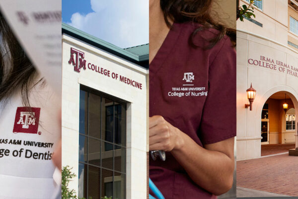 Collage Of Four Images Featuring Logos Or Signs From The Texas A&M College Of Pharmacy, College Of Dentistry, College Of Medicine And College Of Nursing