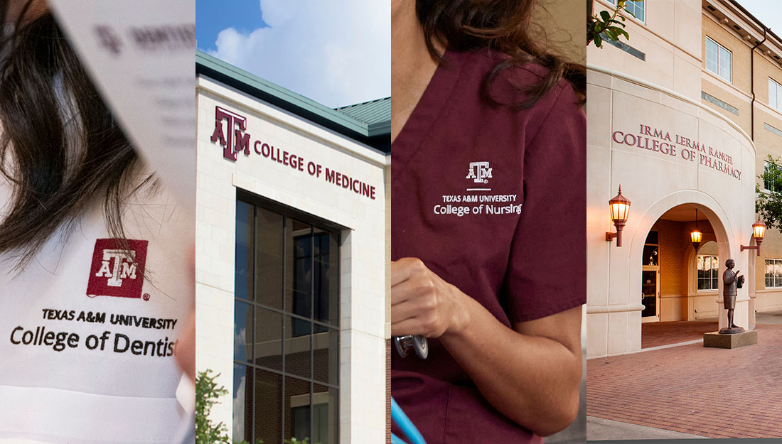 collage of four images featuring logos or signs from the Texas A&M College of Pharmacy, College of Dentistry, College of Medicine and College of Nursing