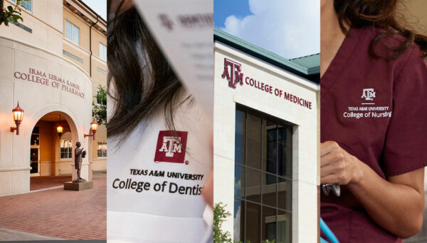 collage of four images featuring logos or signs from the Texas A&M College of Pharmacy, College of Dentistry, College of Medicine and College of Nursing