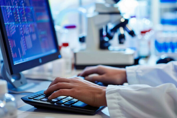 Person Wearing A White Coat Types On A Keyboard With Medical Research Software Open