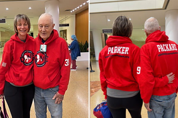 Martha Parker And George Packard Stand Together Wearing Matching Sweatshirts