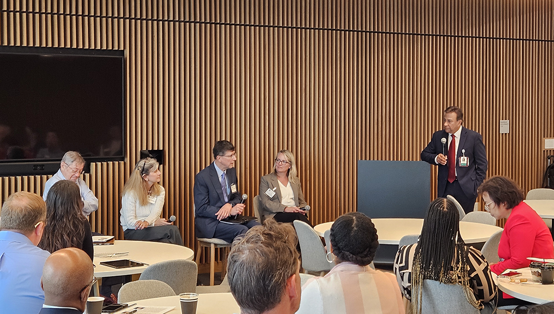 Panel discussion at the Finding Solution to Barriers in Clinical Trials conference hosted by Texas A&M Health. From left: Joseph B. McCormick, MD; Joy Alonzo, PharmD; Jamie Fergie, MD; Mary Dale Peterson, MD; and moderator Kenneth Ramos, MD.