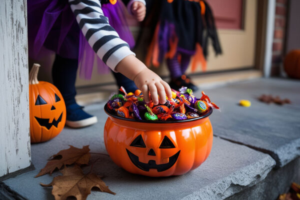 Jack O Lantern Candy Bucket Filled With Candy On The Ground And Child's Hand Reaching In