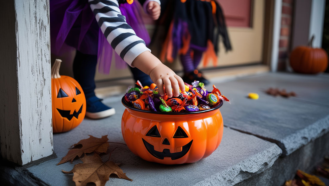 Jack o lantern candy bucket filled with candy on the ground and child's hand reaching in