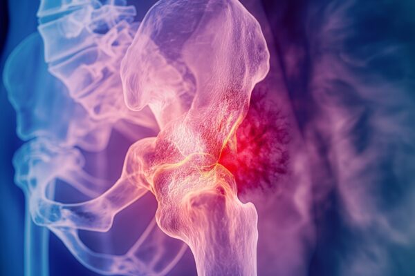 Red, Glowing Tumor In The Center Of An X-ray Showing Blue Tinted Bones Around The Tumor. Osteosarcoma