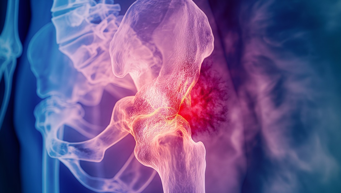 red, glowing tumor in the center of an x-ray showing blue tinted bones around the tumor. Osteosarcoma