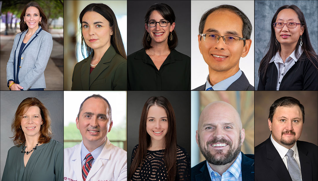 A visual collage of ten Texas A&M University professors in professional attire who are recognized as the inaugural group of faculty fellows of the Institute for Healthcare Access.