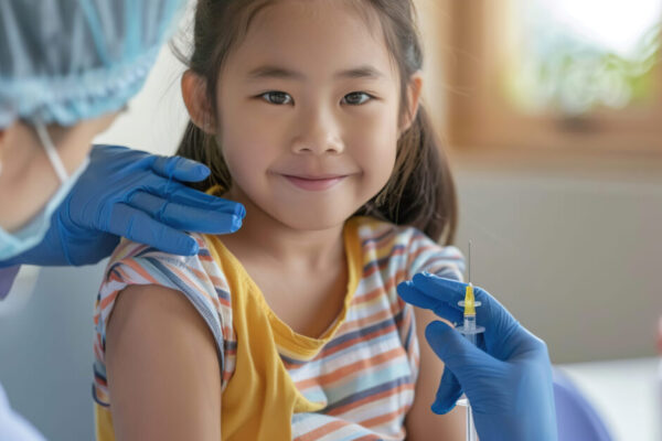 Smiling little girl in doctor's office is receiving a vaccination.